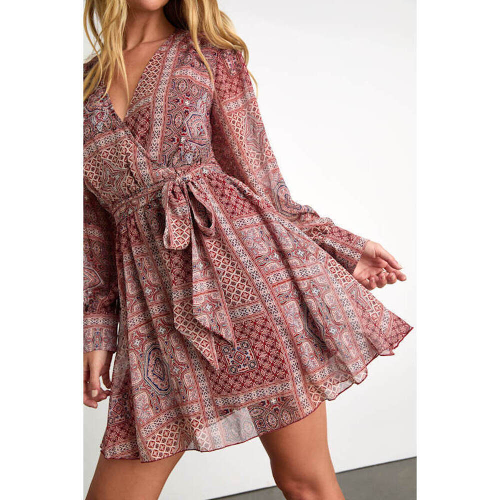 Lulus Breezy Wanderings Rust Red Boho Print Long Sleeve Mini Dress - Size XL
